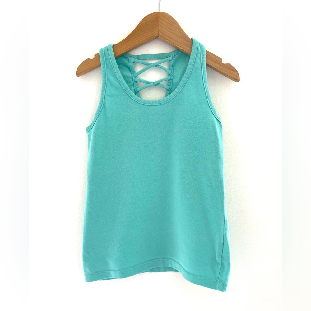 $5 💥Criss Cross Fancy Back Fitted Tank Top, Pretty Teal, Athletic Sleeveless